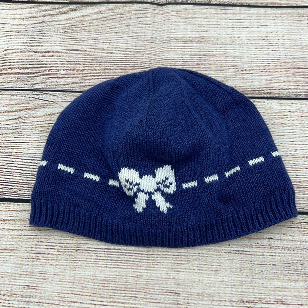 Janie and Jack Blue Knit Hat with White Bow Detail Sz 0-3 Months